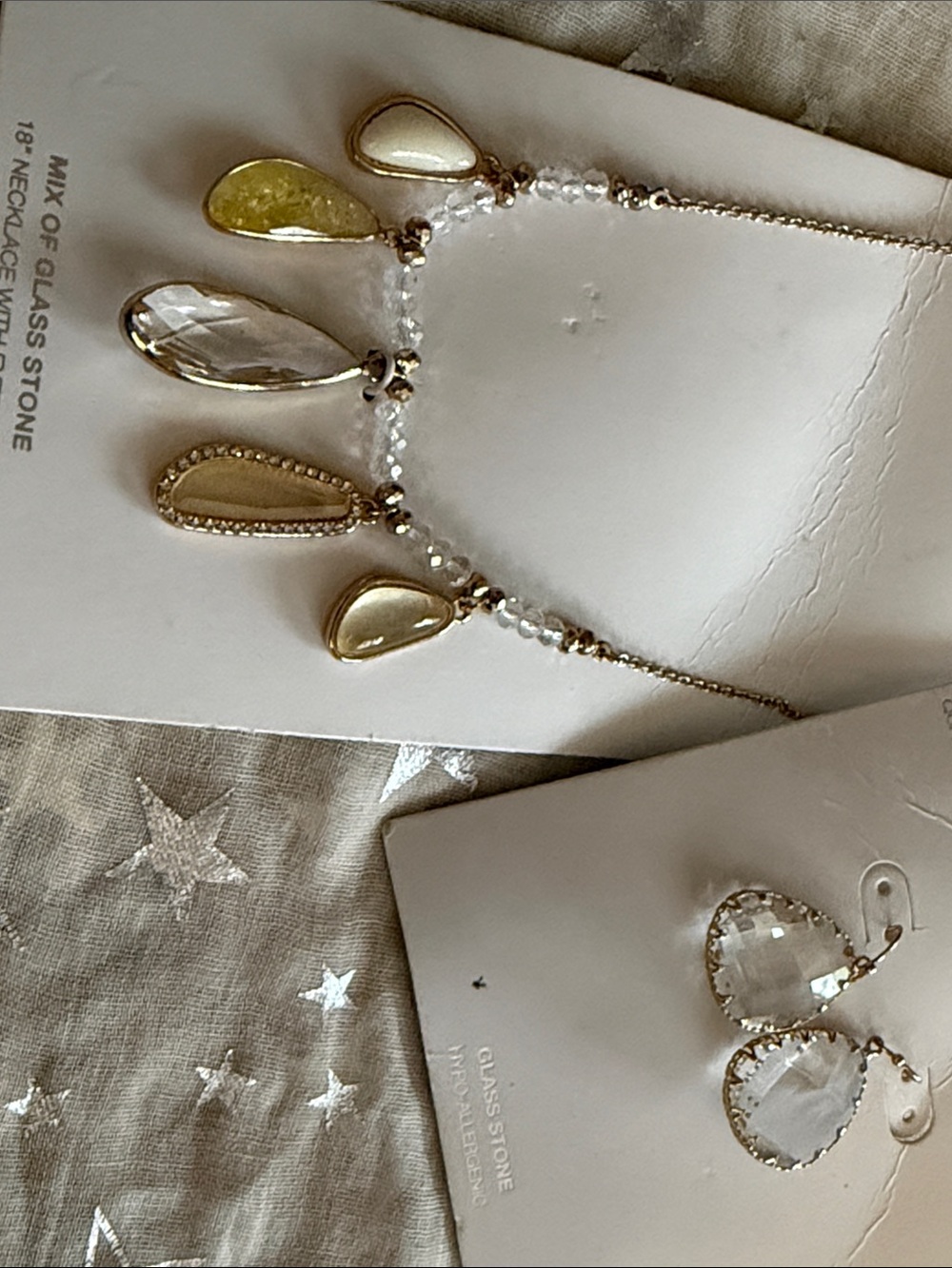 Gold Teardrop Glass Stone Necklace and Earrings Set
